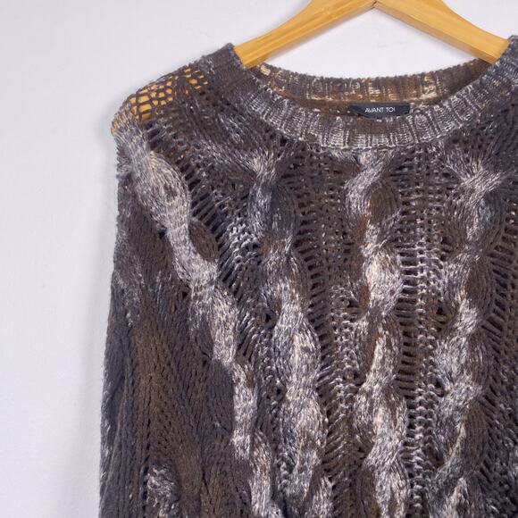 Avant Toi Crew Neck Cable Knit Sweater in Nero Carruba Grey/Brown Large - Picture 4 of 7